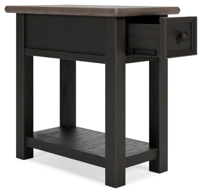 Signature Design by Ashley Narrow Chairside End Table with Charging Station | Smooth-gliding remote drawer, Lower display shelf, Rustic 2-tone finish, Tyler Creek Series - color: Black