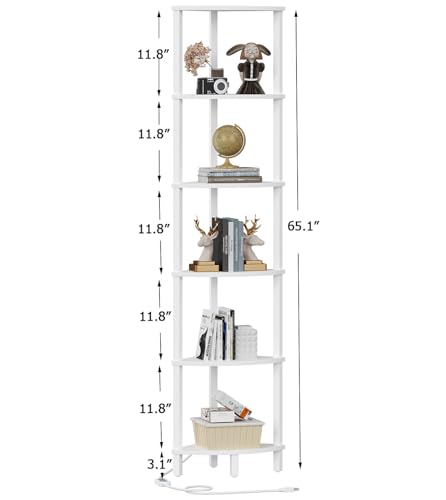 VIMBER Corners Shelf with LED Light, 6-Tier Corner Bookshelf, Industrial Corner-Ladder Shelf, Modern Display Shelf for Living Room, Bedroom, Kitchen, Home Office, Sturdy Frame, White UJSJ002W - color: White, size: 6-Tier with LED