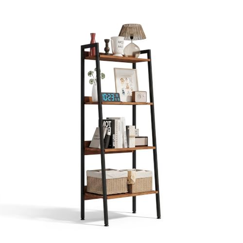 4 Tier Ladder Shelf,22” Wide Tower Storage Shelf, Walnut | Skandiquip 13.5” Narrow Ladder Shelf, Steel Frame Anti-Tip Tall Storage Tower for Books & Plants, Kitchen Living Room Office - color: Walnut, size: 4 Tier