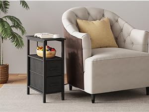 2 Set Narrow Side Table for Small Spaces, Skinny End Table with Charging Station, Sofa Beside Table with 2 Fabric Drawers and 1 Open Compartment, Slim Nightstand with USB Ports Outlet, Black UTBT004B2 - color: Black