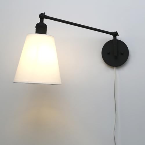 Retro Swing Arm Wall Sconce Plug in Wall Lamp Black Single Sconce with White Fabric Shade Wall Light Fixture for Bedroom Living Room Office - color: Black