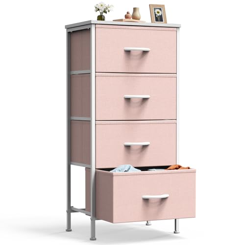 DUMOS Nightstand, Bedside Table with 4 Fabric Drawers | Night Stand with Sturdy Steel Frame Wood Top, Small Narrow Dresser Organizer Furniture, Bedroom Closet Living Room, Pink - color: Pink, size: 11.8"D x 17.7"W x 37.4"H (4 Drawers)