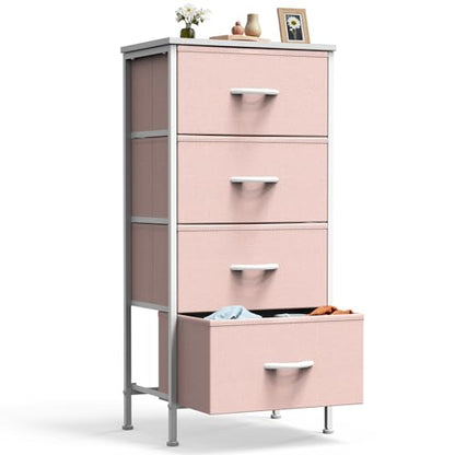 DUMOS Nightstand, Bedside Table with 4 Fabric Drawers | Night Stand with Sturdy Steel Frame Wood Top, Small Narrow Dresser Organizer Furniture, Bedroom Closet Living Room, Pink - color: Pink, size: 11.8"D x 17.7"W x 37.4"H (4 Drawers)