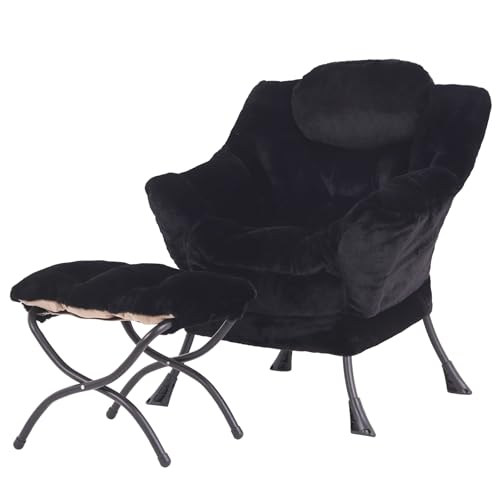Modern Lazy Chair with Ottoman Lounge Accent Reading Chair for Living Room | Foldable Footstool,Removable Cover,with Armrests & Side Pockets,Upholstered Lounge Chair for Bedroom,Dorm,Office,Small Space - color: Plush Black