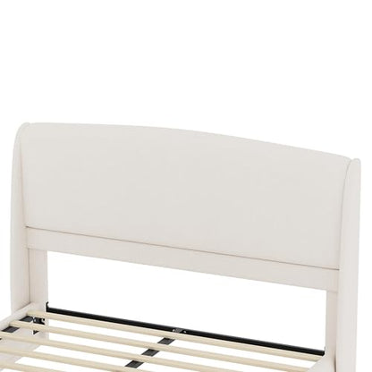 RuiSiSi Queen Size Upholstered Bed with Wingback Headboard, Low Profile Linen Fabric Platform Bed Frame, Strong Wood Slats, No Box Spring Needed, Easy Assembly, Beige - color: Beige