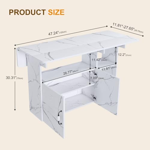 Folding Dining Table with Wheels, Drop Leaf Dinner Table with 2-Layer Storage, Space Saving Table for Small Spaces, Kitchen, Dining Room (White) - color: White