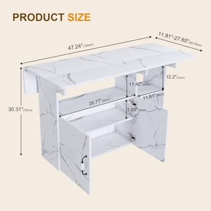Folding Dining Table with Wheels, Drop Leaf Dinner Table with 2-Layer Storage, Space Saving Table for Small Spaces, Kitchen, Dining Room (White) - color: White