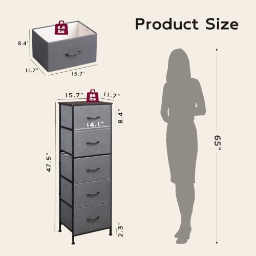 WLIVE Tall Dresser for Bedroom, 5 Drawer Dresser, Dark Grey | 5 vertical fabric drawers, Tall vertical design, Bedroom or closet use, Dresser for small spaces, Chest of drawers - color: Dark Grey