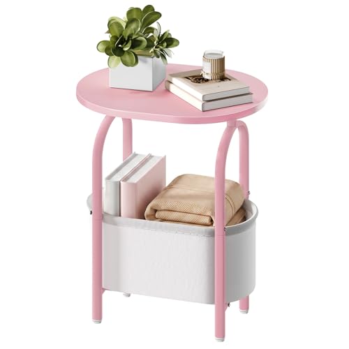 Small Round Side Table with Fabric Basket Storage, Oval End Table for Small Spaces, Modern Coffee Bedside Table, Couch Side Table for Living Room, 15.7" X 11.8" X 24", Pink and White 8601BZPK - color: Pink