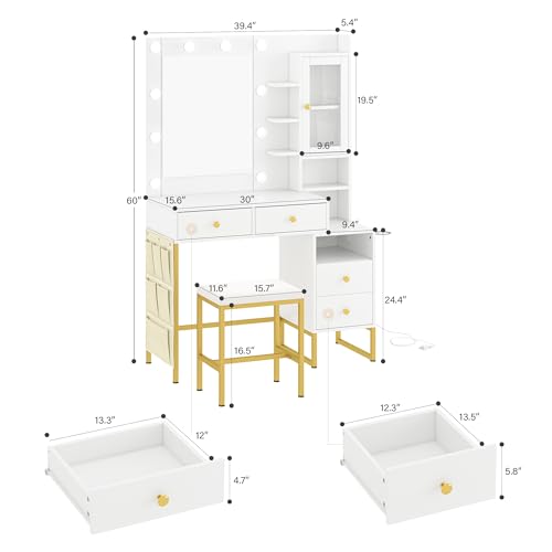 Vanity Desk with Mirror and LED Lights & Power Outlet | Large Makeup Vanity Table with 5 Drawers and 4 Storage Cabinets, White Dressing Table for Bedroom - size: 004 White