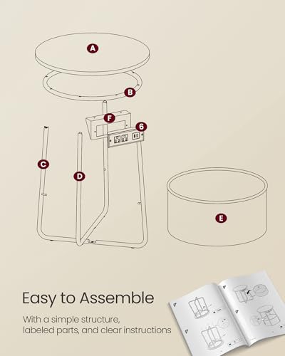 VASAGLE LILEA Collection - Side Table with Charging Station, Round End Table with Fabric Basket, Nightstand with USB Ports, for Living Room, Bedroom, Modern, Cream White ULET228N01 - color: Cream White