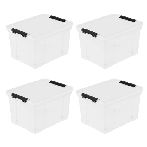 Set of 4 Storage Bins with Wheels, 23 L Clear Latch Boxes with Lids | Clear thick plastic, black side latch lid, built-in bottom rolling wheels, fit closet, bedroom and garage organization - size: 23 L
