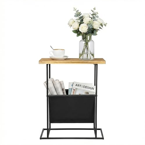 MyGift 21-Inch Modern Narrow Living Room End Table with Solid Burnt Wood Tabletop and Black Metal Frame, Bedroom Nightstand Side Table with Magazine Holder Sling