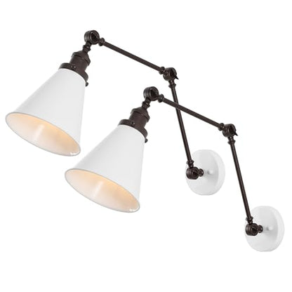 JONATHAN Y Rover 1-Light Wall Sconce 7", White/Oil Rubbed Bronze, Set of 2 | Adjustable Arm, Hardwired Bedside Reading Swing Arm, Farmhouse Cone Shade, Metal Hardwired Indoor Fixture, LED Bulbs Included - color: White/Oil Rubbed Bronze, size: Set of 2
