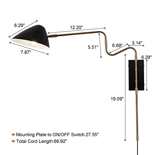 Modern Black Plug in Swing Arm Wall Sconce with Switch, 1 Pack | Adjustable Rotatable Bedside Lamp Wall Mount Lighting Fixture for Bedroom, Living Room with On/Off Switch Cord Over Bed - color: B-1 Pack