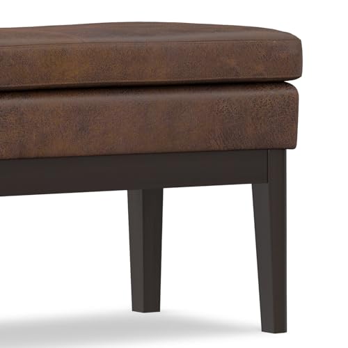 SIMPLIHOME Carlson 45" Wide Vegan Leather Rectangle Ottoman in Brown | Distressed chestnut brown, mid-century modern ottoman bench with a padded seat; footstool, footrest, or bedroom bench. - color: Distressed Chestnut Brown, style: Ottoman Bench