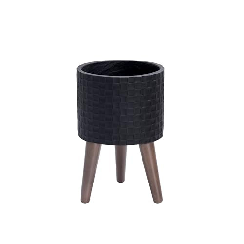 D'vine Dev Planter Pot with Wood Stand, 8 in, Matte Black, 88-Z-A-2 | Mid-Century Modern Style, Elevated Plant Display, Drainage Hole and Plug, Functional & Stylish, Modern Indoor Planter - color: Matte Black, size: Small