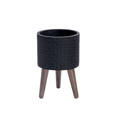 D'vine Dev Planter Pot with Wood Stand, 8 in, Matte Black, 88-Z-A-2 | Mid-Century Modern Style, Elevated Plant Display, Drainage Hole and Plug, Functional & Stylish, Modern Indoor Planter - color: Matte Black, size: Small