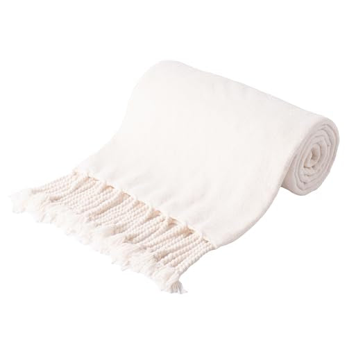 BATTILO HOME Cream White Chenille Throw Blanket, 50 x 60 Inches | Soft Chenille Knit with Handmade Fringe Tassels, Lightweight, Cozy and Less Prone to Tangling for Couch, Bed or Chair - color: Cream White