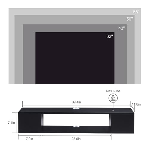 GHC Floating TV Stand, Wall Mounted Entertainment Center and Cabinet Shelf, TV Console with Storage，Media Console for DVD Player, Space-Saving Under TV Shelf for Bedroom, Living Room (Black) - color: Black