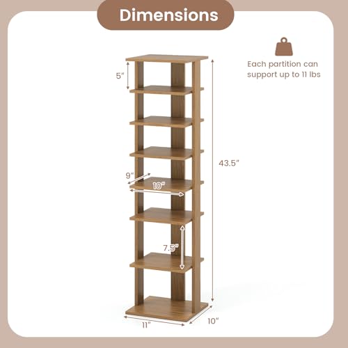 Tangkula 8-Tier Vertical Shoe Rack, Space-Saving Corner Shoe Organizer for 7 Pairs, Narrow Shoe Storage for Entryway, Front Door, or Closet - color: Natural Oak, size: 10" x 11" x 43.5"