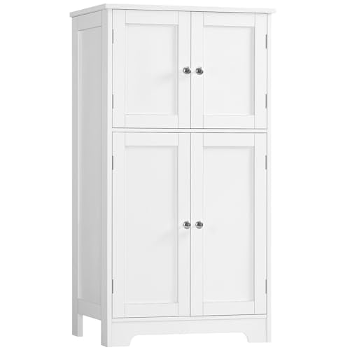 Bathroom Floor Storage Cabinet, Freestanding Bathroom Storage Unit with 2 Adjustable Shelves & 4 Doors, White - color: White - 4 Doors