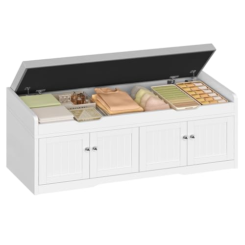 3-Tier Storage Bench, 47.2" Wide Shoe Bench with Lift Top Storage & 2 Adjustable Shelves, Entryway Bench with Padded Seat Cushion, Shoe Cabinet Bench for Entryway, Living Room, Bedroom (White) - size: 13.78"D x 47.2"W x 19.7"H