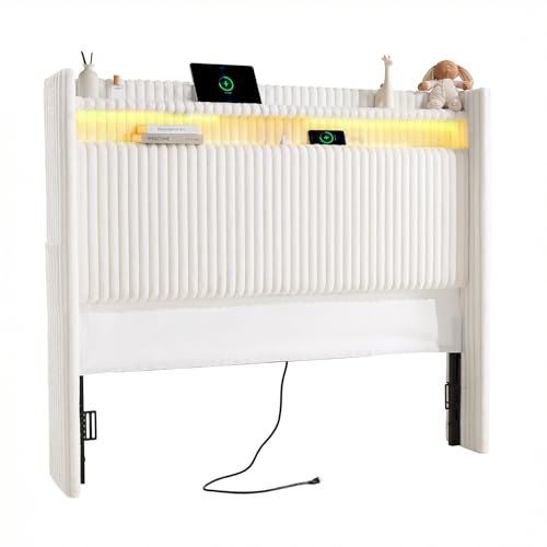 54" Tall Headboard Queen Size with Storage, LED Light, Corduroy Wingback Headboard with Charging Station, Upholstered Head Board Queen w/High-Density Sponge Padding, Storage Pockets, Off White