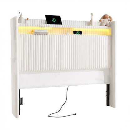 54" Tall Headboard Queen Size with Storage, LED Light, Corduroy Wingback Headboard with Charging Station, Upholstered Head Board Queen w/High-Density Sponge Padding, Storage Pockets, Off White
