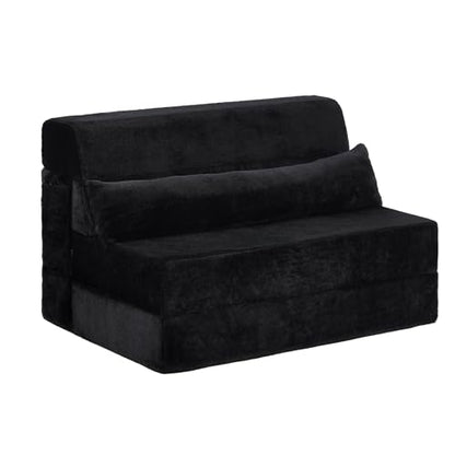 Convertible Folding Sofa Bed Mattress with Pillow & Side Pocket, Plush Fabric Floor Mattress Couch Bed, Washable Cover, Twin Size, Black - color: Plush Black, size: Twin Size