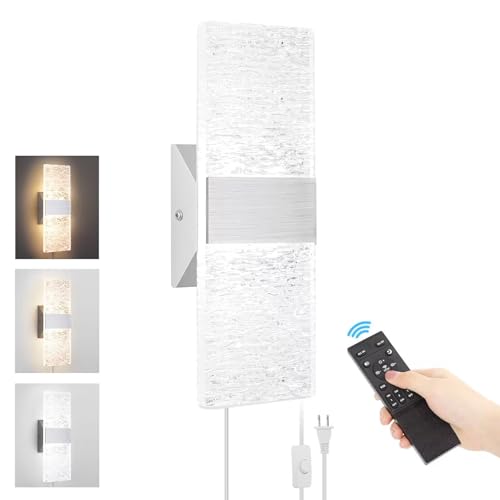 GOODATE Plug in Wall Sconces with Adjustable 3000K-6500K Colors & 10%-100% Brightness, Sconces Wall Decor Set of 2 with Remote Control, 12W Acrylic LED Plug in Wall Light (1 Pack, Corrugated Finish) - size: 1 PACK, Silver1