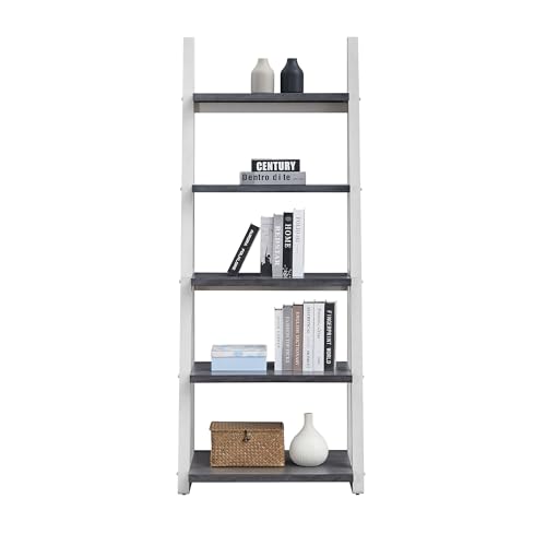 5-Tier Shelves,Bookshelf, Storage Rack, Bookcase with Rubber Wood Frame, Ladder Shelf for Living Room, Home Office, Kitchen, Bedroom, Apartmen (Grey+White 5-Tier)