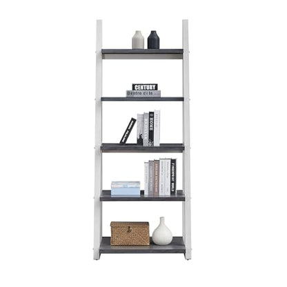 5-Tier Shelves,Bookshelf, Storage Rack, Bookcase with Rubber Wood Frame, Ladder Shelf for Living Room, Home Office, Kitchen, Bedroom, Apartmen (Grey+White 5-Tier)