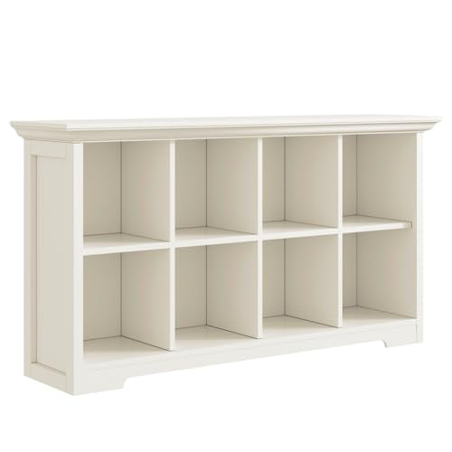8-Cube Open Bookcase with Base, 2-Tier Low Cabinet, White | Curved Base, Crown Molding, Fits 11×11" Bins, Modern Bookshelf for Living Room, Bedroom, Home Office, TV Stand Storage - color: Warm White, size: 8-Cube