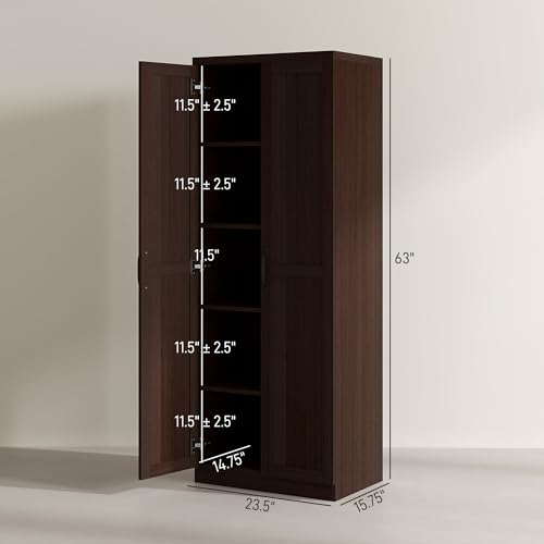 HOMCOM 63" 2-Door Kitchen Pantry 5-Tier Cinnamon Cherry Wood Grain | Freestanding Storage Cabinet, Shelving, 2 Adjustable Shelves, for Dining Room - color: Cinnamon Cherry Wood Grain