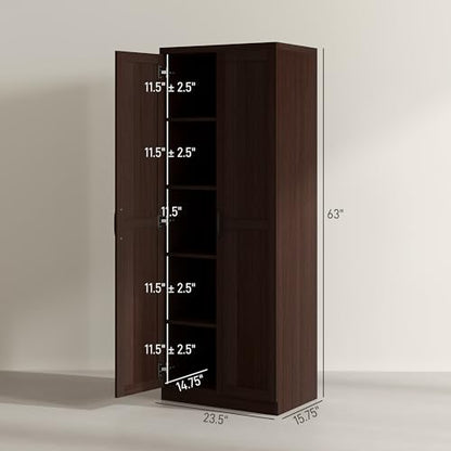 HOMCOM 63" 2-Door Kitchen Pantry 5-Tier Cinnamon Cherry Wood Grain | Freestanding Storage Cabinet, Shelving, 2 Adjustable Shelves, for Dining Room - color: Cinnamon Cherry Wood Grain