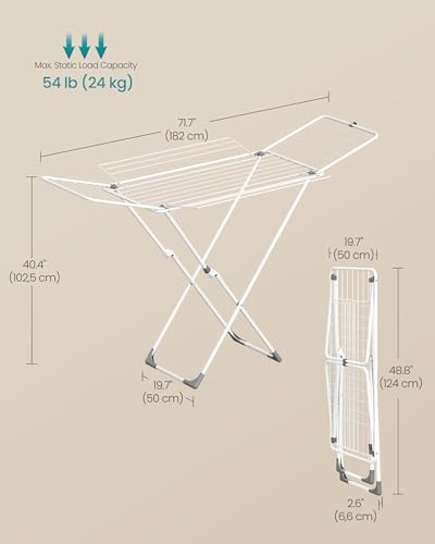 SONGMICS Clothes Drying Rack, Metal Laundry Drying Rack, Foldable, Space-Saving, Free-Standing Airer, with 4 Gullwings, Indoor Outdoor Use, Bed Linen Clothing, White ULLR541W01 - color: White, style: 4 Gullwings（31.7"D)