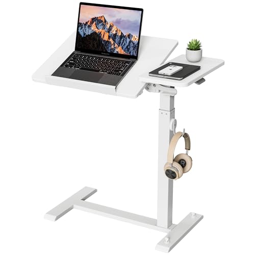 ETHU Foldable Overbed Table with Wheels, Rolling Laptop Standing Desk with Height Adjustable 26.77”-42.51” & Tilting Desktop, Mobile Work Desk for Bedside, Sofa and Home Office Use, White