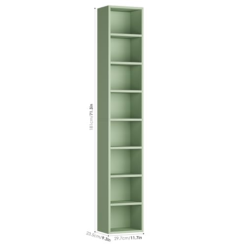 FOTOSOK 2 Pcs 71'' Tall Narrow Bookshelf, 8-Tier Media Tower Rack Set of 2 | CD DVD Storage Cabinet with Adjustable Shelves, Tall Narrow Bookcase Skinny Display Bookshelf Slim Shelf, Green - color: Green