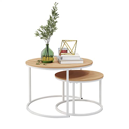 HOJINLINERO Round Coffee Table,Nesting White Coffee Table Set of 2,Large | Center Tables for Living Room, Home Small Space,Stacking Side Tables,Sturdy&Easy Assembly,Wood Desktop,White+Teak OAKDK - color: Wh+oakdk, size: Large