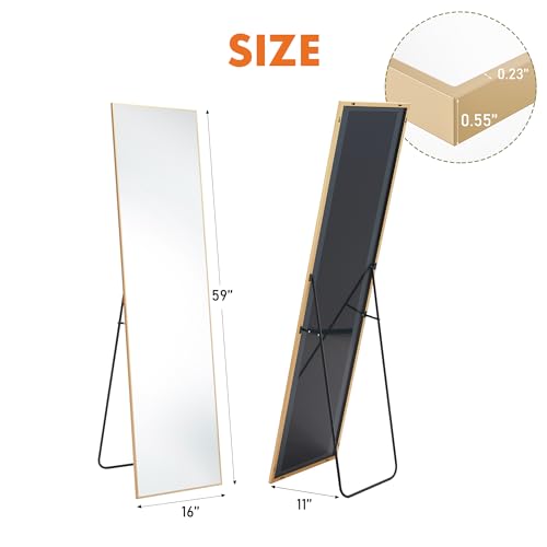OLIXIS 59"x16.6" Full Length Mirror, Full Body Mirror with Stand | Aluminum Alloy Thin Frame, Free Standing Mirrors for Bedroom, Hanging or Leaning Floor, Living Room Bedroom, Gold - color: Gold-rectangle, size: 59"L x 16.6"W