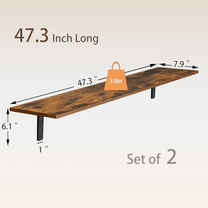 Long Wall Shelves, 47.3Inch Wooden Wall Mounted Shelves, Set of 2 | Large Floating Book Shelf, Metal Brackets, Easy Assembly, Max Load 33lbs, Wall Storage Ledges, Bedroom/Bathroom, Rustic Brown - color: Rustic Brown, size: 47.3 Inch