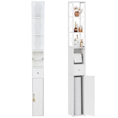 VECELO Tall Narrow Storage Cabinet with X-Frame Metal Design, Slim Freestanding Bathroom Cabinet with Toilet Paper Holder, Magnetic Door & Drawer, for Small Spaces, 7.9" D x 7.9" W x 67" H, White - color: Hollow Top