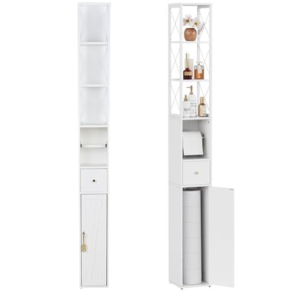VECELO Tall Narrow Storage Cabinet with X-Frame Metal Design, Slim Freestanding Bathroom Cabinet with Toilet Paper Holder, Magnetic Door & Drawer, for Small Spaces, 7.9" D x 7.9" W x 67" H, White - color: Hollow Top