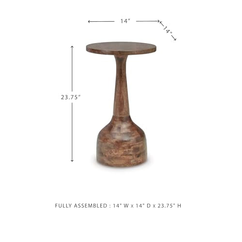 Signature Design by Ashley Round Pedestal Accent Table, Joville | Wood pedestal side table, Compact 14-in diameter tabletop, Space-saving profile for tight nooks, Contemporary home styling - color: Medium Brown