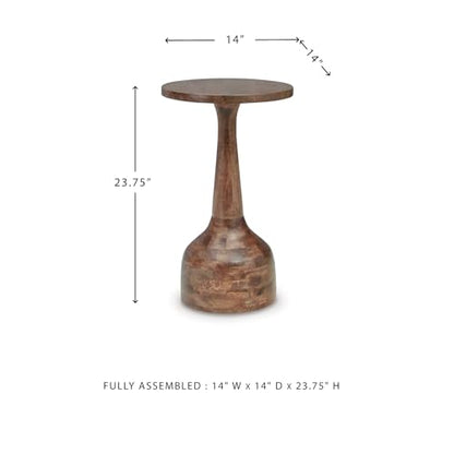 Signature Design by Ashley Round Pedestal Accent Table, Joville | Wood pedestal side table, Compact 14-in diameter tabletop, Space-saving profile for tight nooks, Contemporary home styling - color: Medium Brown