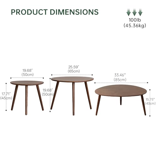 Small Oval Nesting Table, Mid Century Coffee Tables for Living Room,Solid Oak Wood Side Table,Triangle Tabletop with 3 Legs,Minimalist Display End Tables (Walnut Color, 3 Pieces) - color: Walnut Color, size: Small-Tall-Large - 3 Pieces