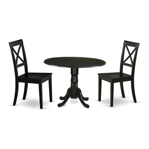 East West Furniture DLBO3-BLK-W 3 Piece Dining Table Set for Small Spaces Contains a Round Dining Room Table with Dropleaf and 2 Wood Seat Chairs, 42x42 Inch, Black - color: Dlbo3-blk-w, size: Table + 2 Chairs