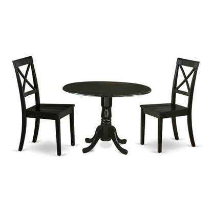 East West Furniture DLBO3-BLK-W 3 Piece Dining Table Set for Small Spaces Contains a Round Dining Room Table with Dropleaf and 2 Wood Seat Chairs, 42x42 Inch, Black - color: Dlbo3-blk-w, size: Table + 2 Chairs