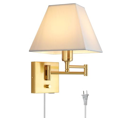 Wall Mounted Lamp Plug in Wall Sconce with Dimmable Switch Swing Arm Wall Lamp Whire Fabric Shade with USB Port Gold Wall Sconce Suitable for Hallway Bedroom Living Room… - color: Gold